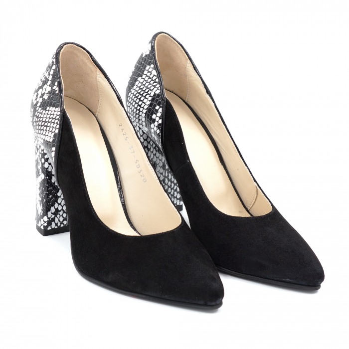 Pantofi dama din piele naturala intoarsa neagra si cu imprimeu sarpe alb-negru cu varf ascutit stileto si toc inalt gros imbracat 9 cm 50320-2-24 [4]