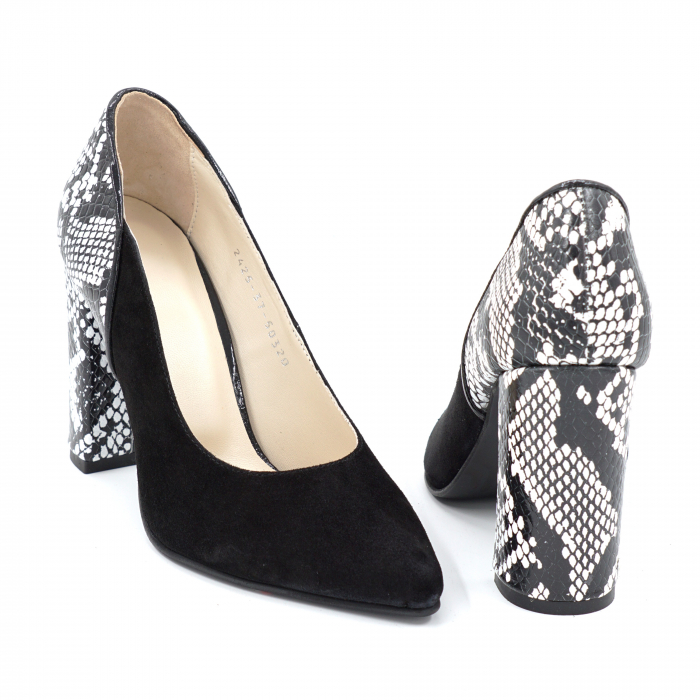 Pantofi dama din piele naturala intoarsa neagra si cu imprimeu sarpe alb-negru cu varf ascutit stileto si toc inalt gros imbracat 9 cm 50320-2-24 [5]