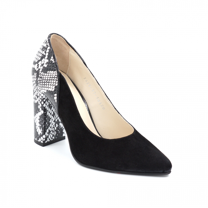 Pantofi dama din piele naturala intoarsa neagra si cu imprimeu sarpe alb-negru cu varf ascutit stileto si toc inalt gros imbracat 9 cm 50320-2-24 [2]