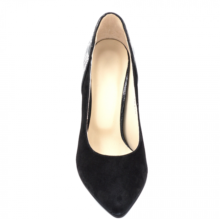 Pantofi dama din piele naturala intoarsa neagra si cu imprimeu sarpe alb-negru cu varf ascutit stileto si toc inalt gros imbracat 9 cm 50320-2-24 [6]