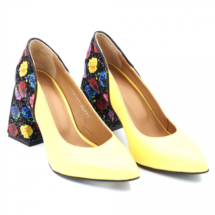 pantofi dama din piele naturala galbena si cu imprimeu floral cu varf ascutit stileto si toc mediu gros imbracat 8 cm 50320-24 [4]