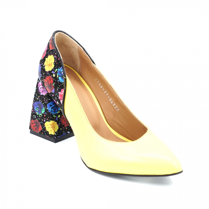 pantofi dama din piele naturala galbena si cu imprimeu floral cu varf ascutit stileto si toc mediu gros imbracat 8 cm 50320-24 [2]