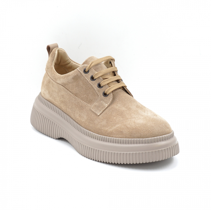 Pantofi dama casual din piele naturala intoarsa cappucino cu varf rotund si talpa de 4 cm 50321-10-24 [2]