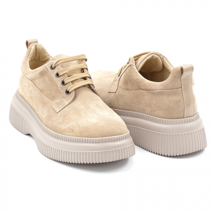 Pantofi dama casual din piele naturala intoarsa cappucino cu varf rotund si talpa de 4 cm 50321-10-24 [3]