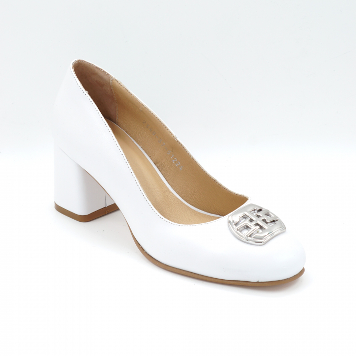 Pantofi dama din piele naturala alba cu varf rotund si toc mic gros imbracat 6 cm 50324-2-24 [4]