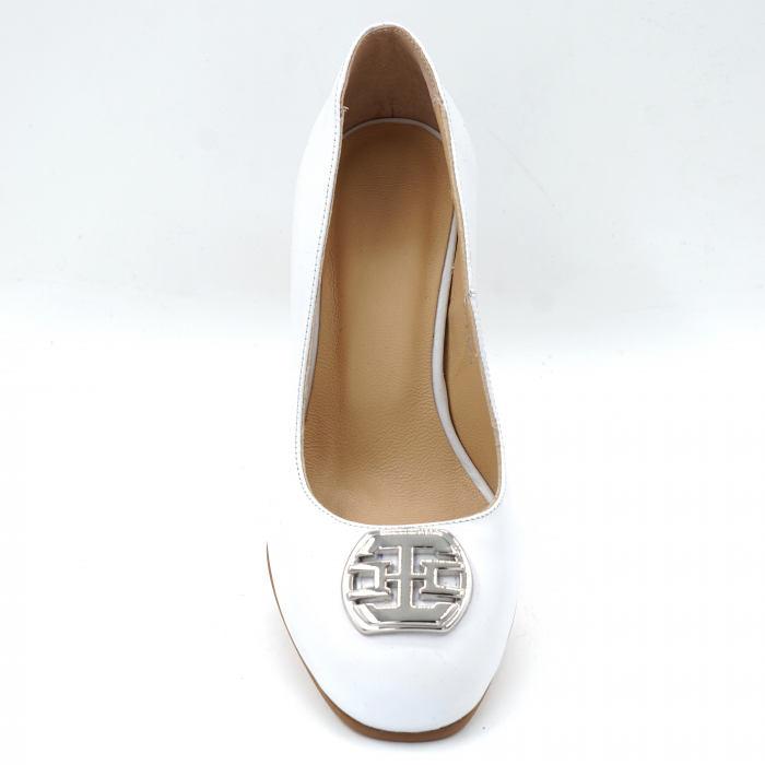 Pantofi dama din piele naturala alba cu varf rotund si toc mic gros imbracat 6 cm 50324-2-24 [5]