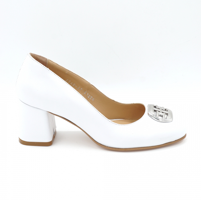 Pantofi dama din piele naturala alba cu varf rotund si toc mic gros imbracat 6 cm 50324-2-24 [3]