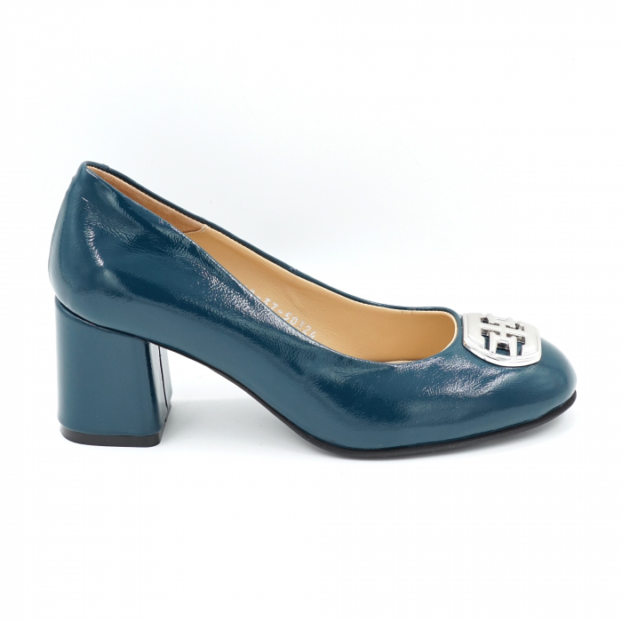 Pantofi dama din piele naturala lacuita verde smarald cu varf rotund si toc mic gros imbracat 6 cm 50324-24 [3]
