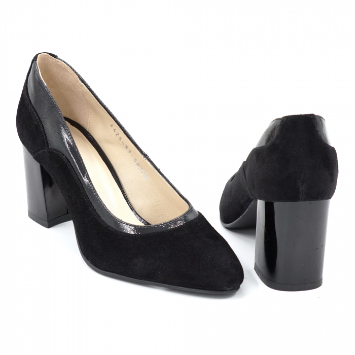 Pantofi dama din piele naturala intoarsa si lacuita neagra cu varf ascutit si toc mediu gros 7 cm 50520-2-24 [2]