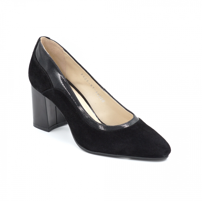 Pantofi dama din piele naturala intoarsa si lacuita neagra cu varf ascutit si toc mediu gros 7 cm 50520-2-24 [3]