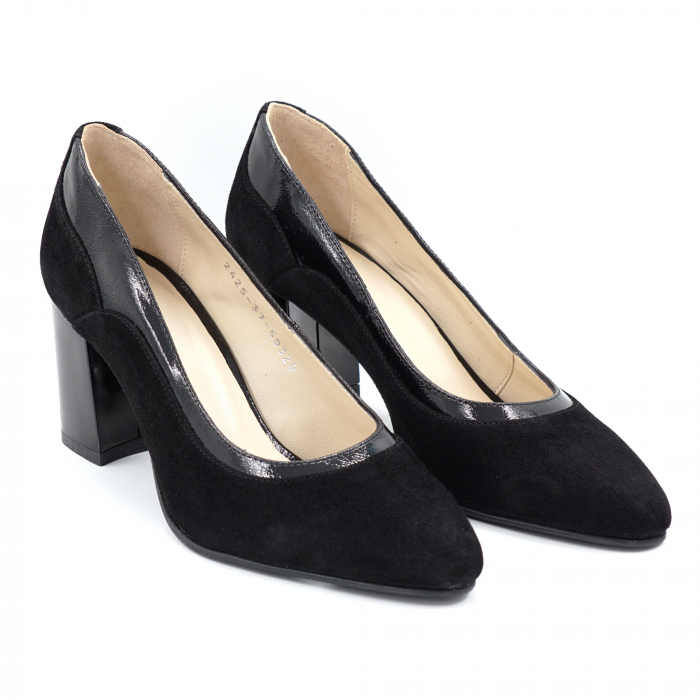 Pantofi dama din piele naturala intoarsa si lacuita neagra cu varf ascutit si toc mediu gros 7 cm 50520-2-24 [4]