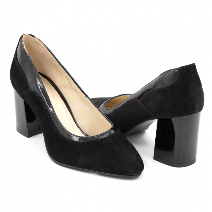 Pantofi dama din piele naturala intoarsa si lacuita neagra cu varf ascutit si toc mediu gros 7 cm 50520-2-24 [6]