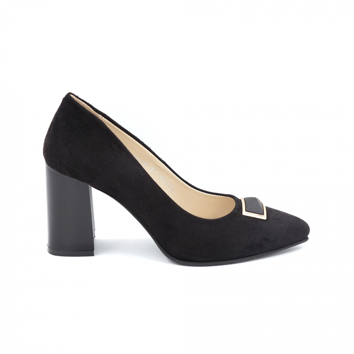 Pantofi dama din piele naturala intoarsa neagra cu varf ascutit stileto si toc mediu gros 8 cm 50524-6-24 [2]