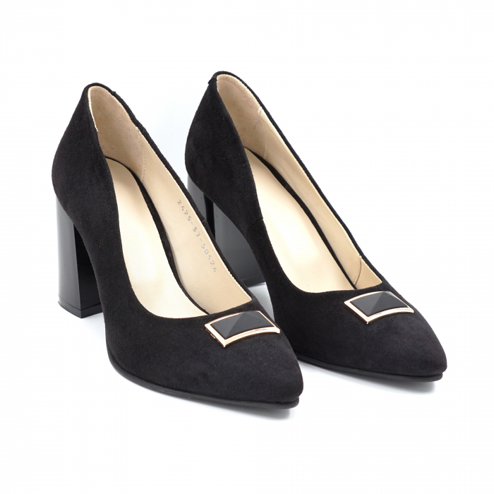 Pantofi dama din piele naturala intoarsa neagra cu varf ascutit stileto si toc mediu gros 8 cm 50524-6-24 [4]