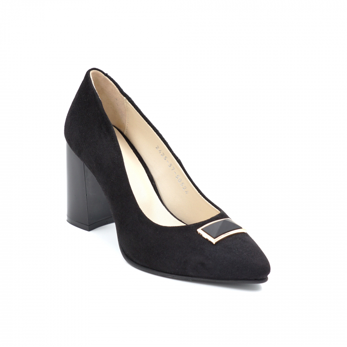 Pantofi dama din piele naturala intoarsa neagra cu varf ascutit stileto si toc mediu gros 8 cm 50524-6-24 [3]
