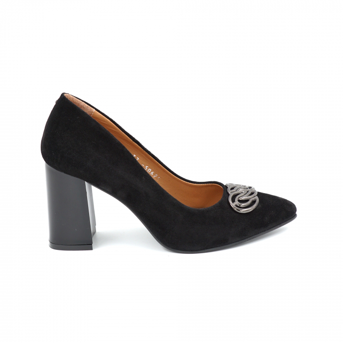 Pantofi dama din piele naturala intoarsa neagra cu varf ascutit stileto si toc mediu gros 8 cm 50625-25 [4]