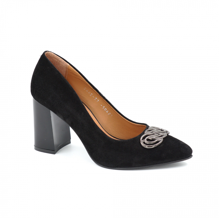 Pantofi dama din piele naturala intoarsa neagra cu varf ascutit stileto si toc mediu gros 8 cm 50625-25 [5]