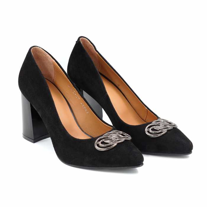 Pantofi dama din piele naturala intoarsa neagra cu varf ascutit stileto si toc mediu gros 8 cm 50625-25 [3]