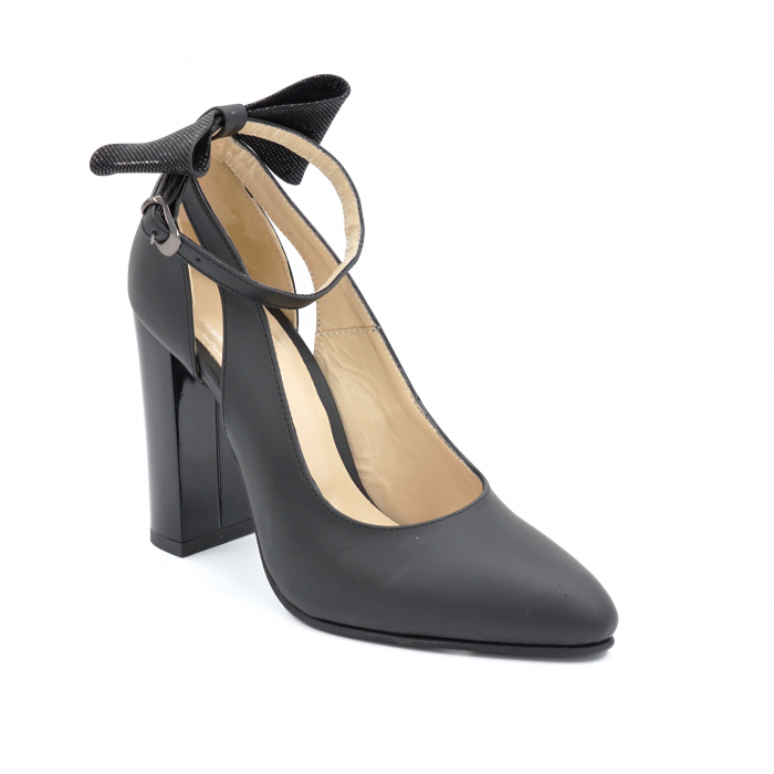 Pantofi dama din piele naturala neagra cu varf ascutit si toc inalt gros 9 cm 50719-24 [4]
