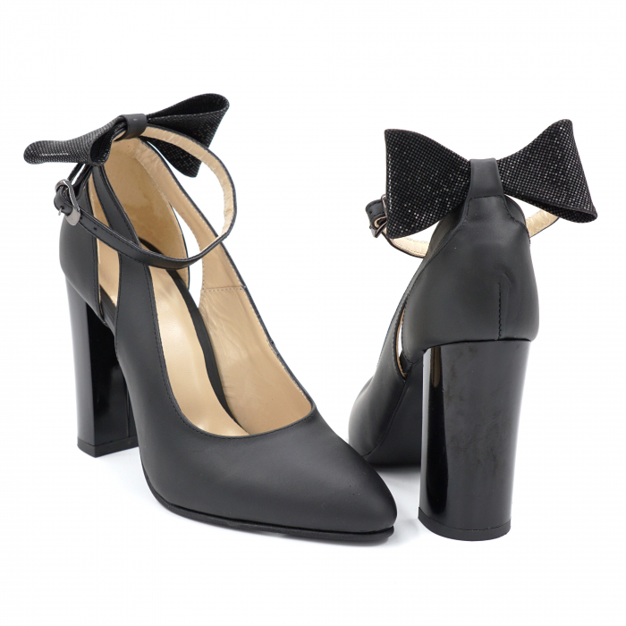 Pantofi dama din piele naturala neagra cu varf ascutit si toc inalt gros 9 cm 50719-24 [3]