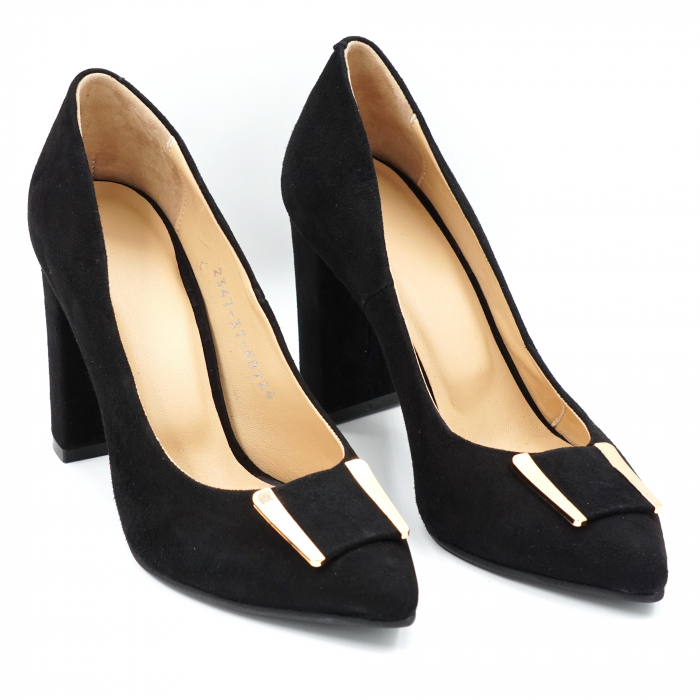 Pantofi dama din piele naturala intoarsa neagra cu varf ascutit stiletto si toc inalt gros imbracat 9 cm 50724-1-24 [2]