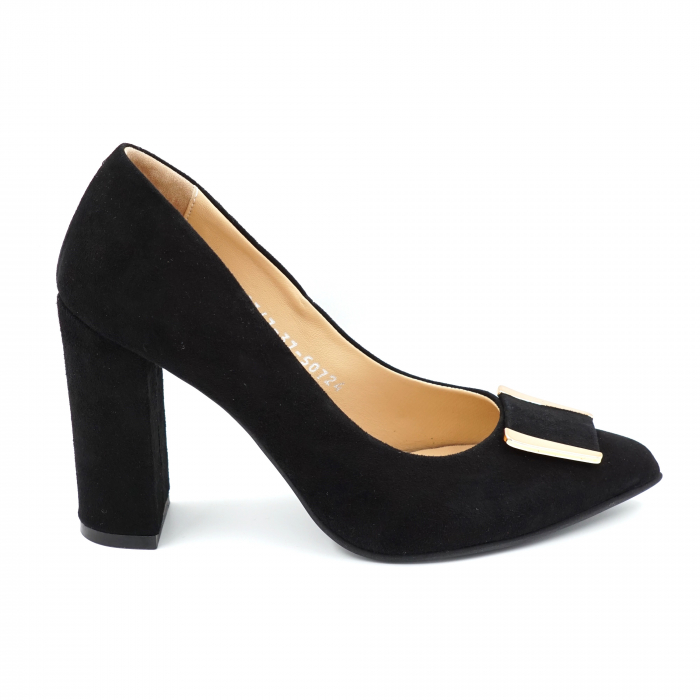 Pantofi dama din piele naturala intoarsa neagra cu varf ascutit stiletto si toc inalt gros imbracat 9 cm 50724-1-24 [4]