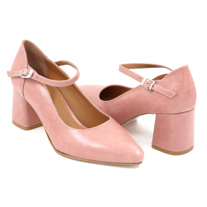 Pantofi dama din piele naturala nude roze cu varf ascutit stileto si toc mic gros imbracat 6 cm 50820-1-25 [3]