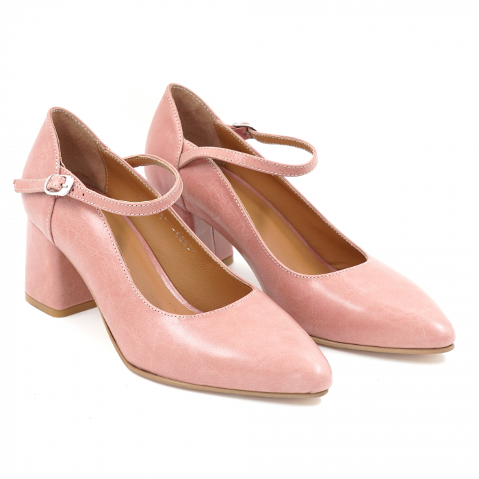 Pantofi dama din piele naturala nude roze cu varf ascutit stileto si toc mic gros imbracat 6 cm 50820-1-25 [4]