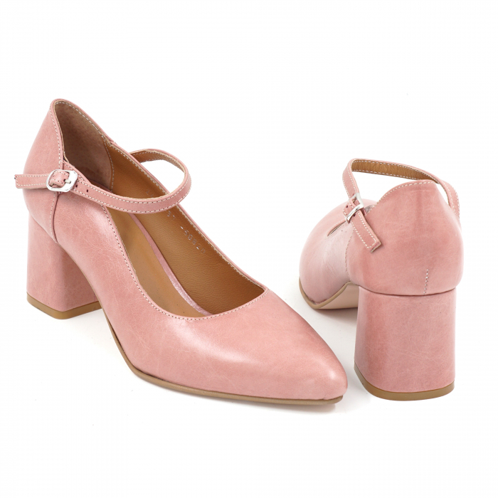 Pantofi dama din piele naturala nude roze cu varf ascutit stileto si toc mic gros imbracat 6 cm 50820-1-25 [5]