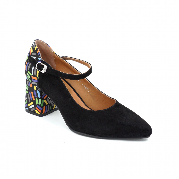 Pantofi dama din piele naturala intoarsa neagra si cu imprimeu colorat cu varf ascutit stileto si toc mic gros imbracat 6 cm 50820-2-25 [2]