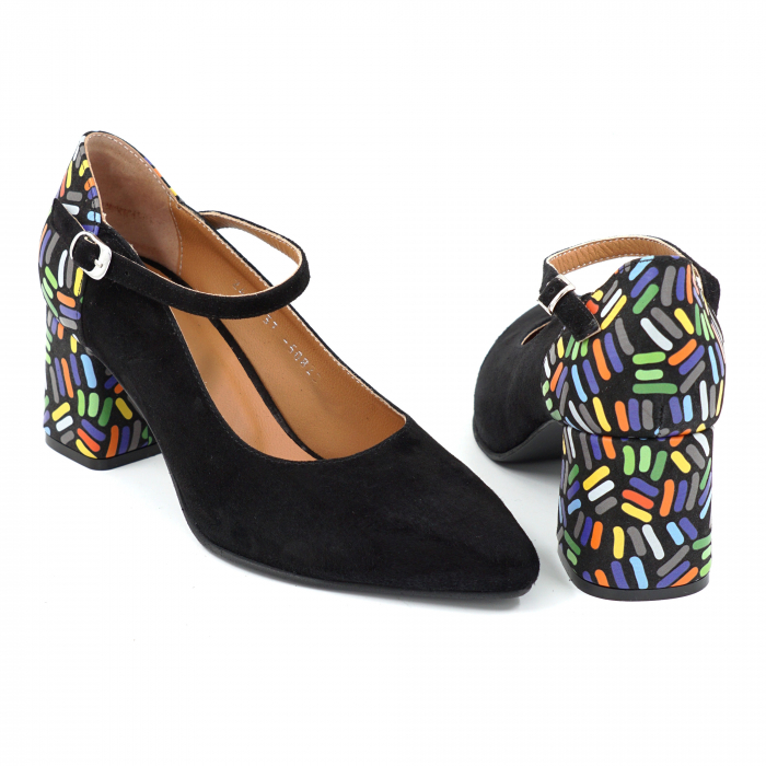 Pantofi dama din piele naturala intoarsa neagra si cu imprimeu colorat cu varf ascutit stileto si toc mic gros imbracat 6 cm 50820-2-25 [5]