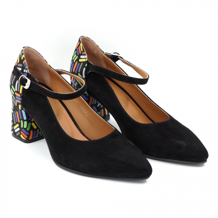 Pantofi dama din piele naturala intoarsa neagra si cu imprimeu colorat cu varf ascutit stileto si toc mic gros imbracat 6 cm 50820-2-25 [4]