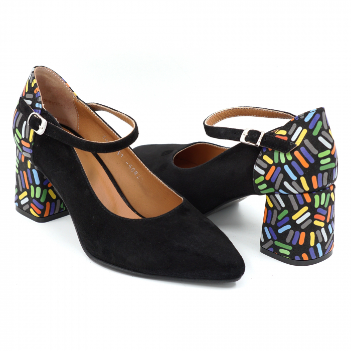 Pantofi dama din piele naturala intoarsa neagra si cu imprimeu colorat cu varf ascutit stileto si toc mic gros imbracat 6 cm 50820-2-25 [3]