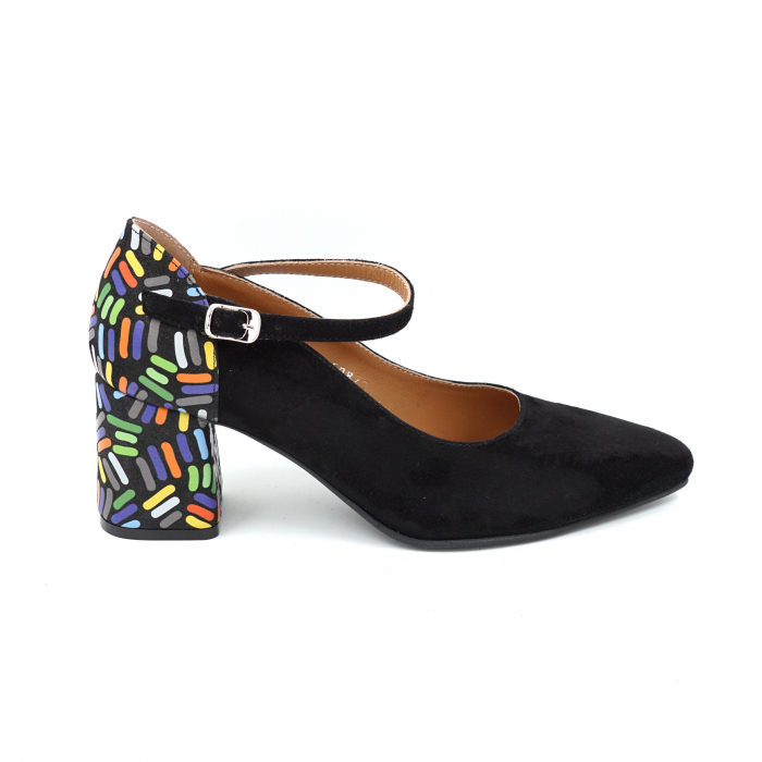 Pantofi dama din piele naturala intoarsa neagra si cu imprimeu colorat cu varf ascutit stileto si toc mic gros imbracat 6 cm 50820-2-25 [1]