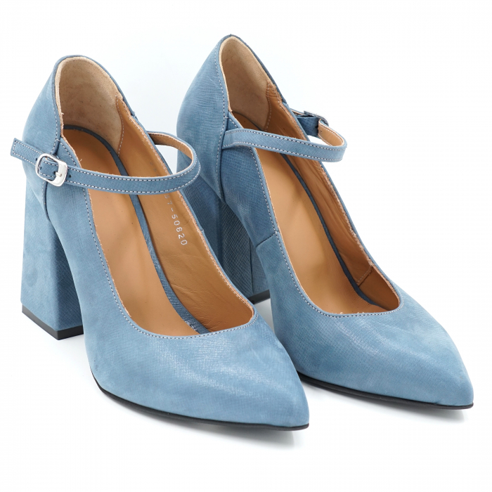 Pantofi dama din piele naturala albastru deschis sidef cu varf ascutit stileto si toc mediu gros imbracat 8 cm 50820-24 [3]