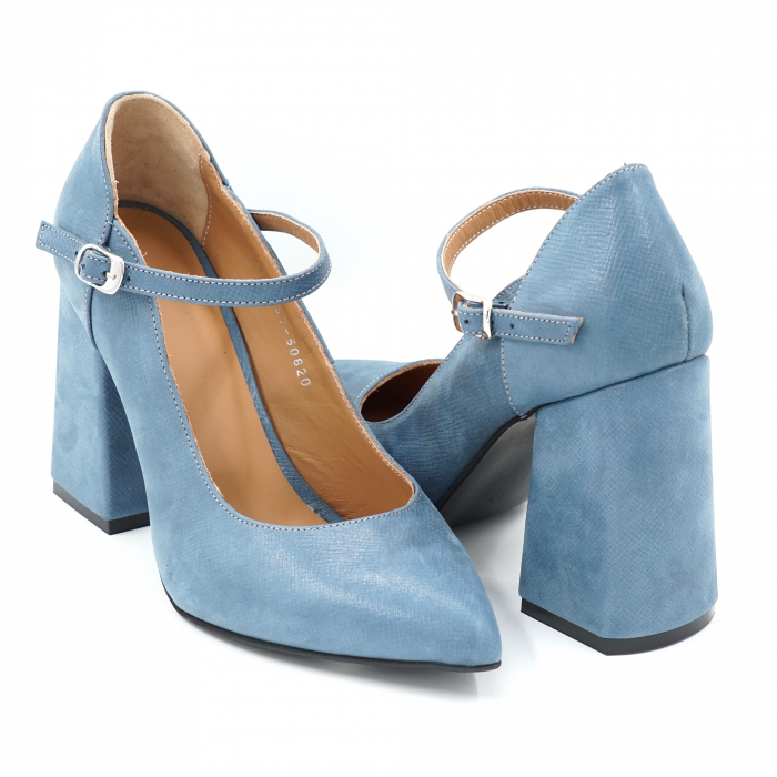 Pantofi dama din piele naturala albastru deschis sidef cu varf ascutit stileto si toc mediu gros imbracat 8 cm 50820-24 [4]