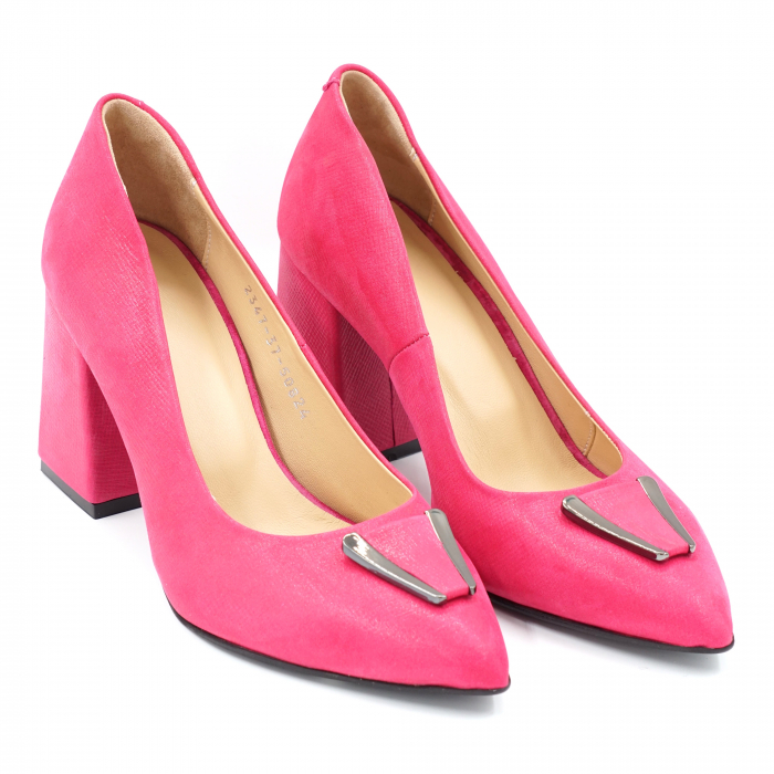 Pantofi dama din piele naturala fucsia sidefata cu varf ascutit stileto si toc mediu gros imbracat 8 cm 50824-24 [4]