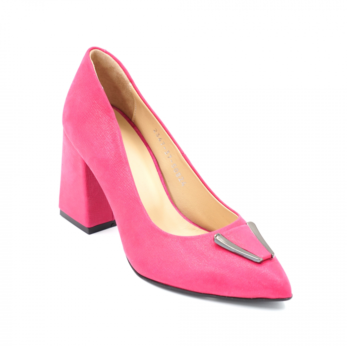 Pantofi dama din piele naturala fucsia sidefata cu varf ascutit stileto si toc mediu gros imbracat 8 cm 50824-24 [2]