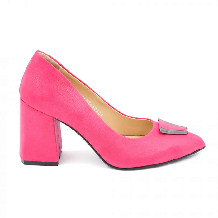 Pantofi dama din piele naturala fucsia sidefata cu varf ascutit stileto si toc mediu gros imbracat 8 cm 50824-24 [3]