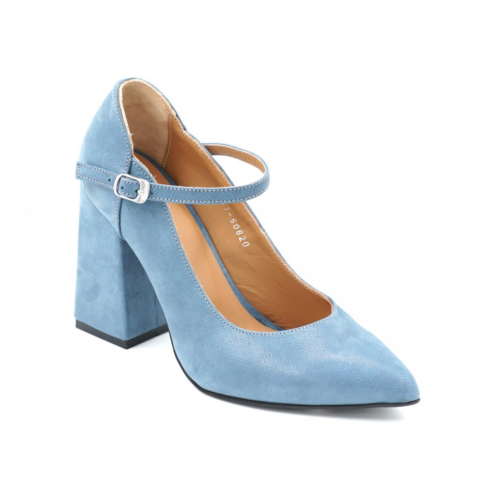 Pantofi dama din piele naturala albastru deschis sidef cu varf ascutit stileto si toc mediu gros imbracat 8 cm 50820-24 [2]