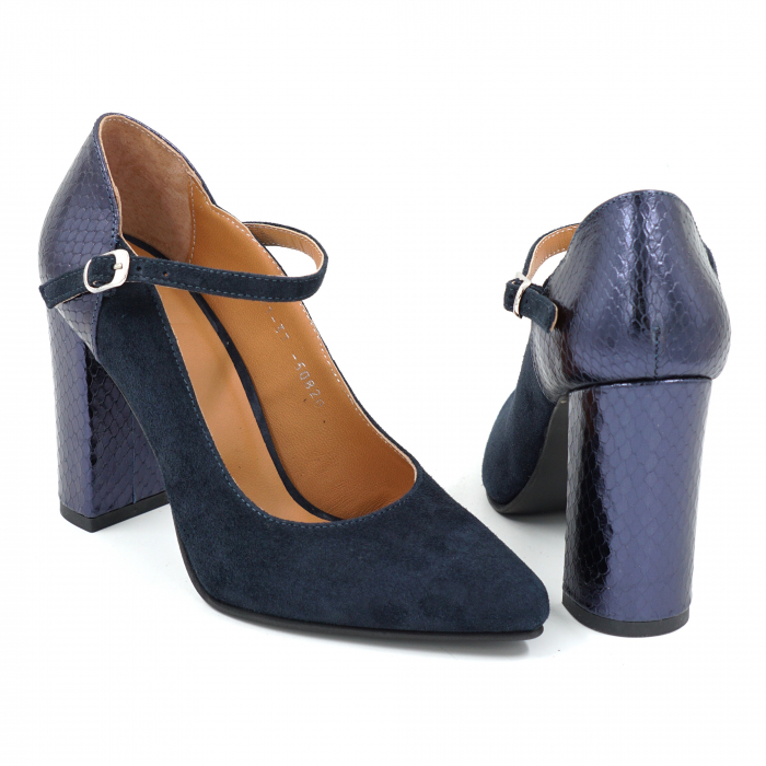 Pantofi dama din piele naturala intoarsa bleumaren si cu imprimeu croco bleumaren metalizat cu varf ascutit stileto si toc inalt gros imbracat 9 cm 50820-25 [5]