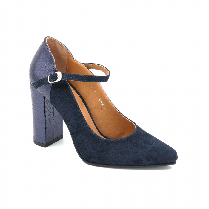Pantofi dama din piele naturala intoarsa bleumaren si cu imprimeu croco bleumaren metalizat cu varf ascutit stileto si toc inalt gros imbracat 9 cm 50820-25 [2]