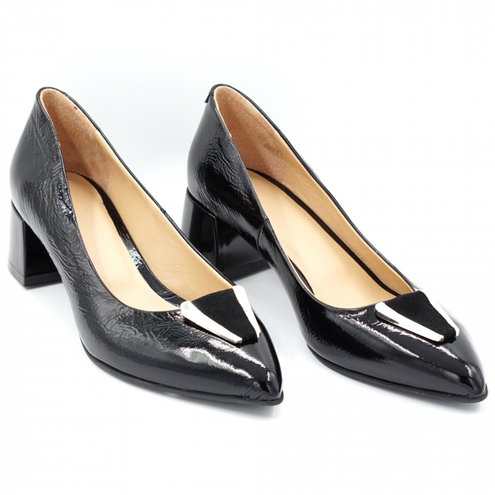 Pantofi dama din piele naturala lacuita neagra cu varf ascutit stileto si toc mic gros 4 cm 50824-1-24 [4]