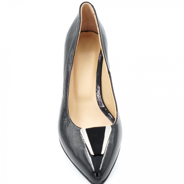 Pantofi dama din piele naturala lacuita neagra cu varf ascutit stileto si toc mic gros 4 cm 50824-1-24 [5]