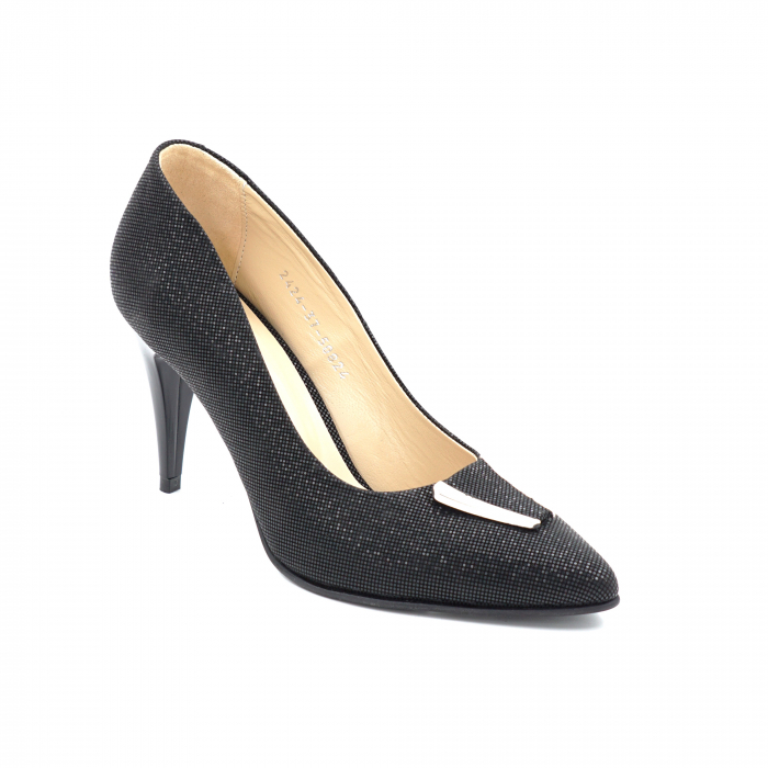 Pantofi dama din piele naturala intoarsa neagra cu varf ascutit stileto si toc mediu subtire 7 cm 50824-4-24 [3]