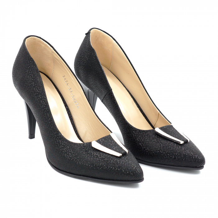 Pantofi dama din piele naturala neagra cu imprimeu cu varf ascutit stileto si toc mediu subtire 7 cm 50824-4-24 [5]