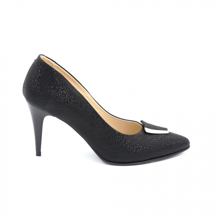 Pantofi dama din piele naturala intoarsa neagra cu varf ascutit stileto si toc mediu subtire 7 cm 50824-4-24 [2]