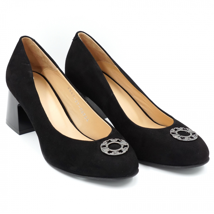 Pantofi dama din piele naturala intoarsa neagra cu varf rotund si toc mic gros 6 cm 50924-1-24 [2]