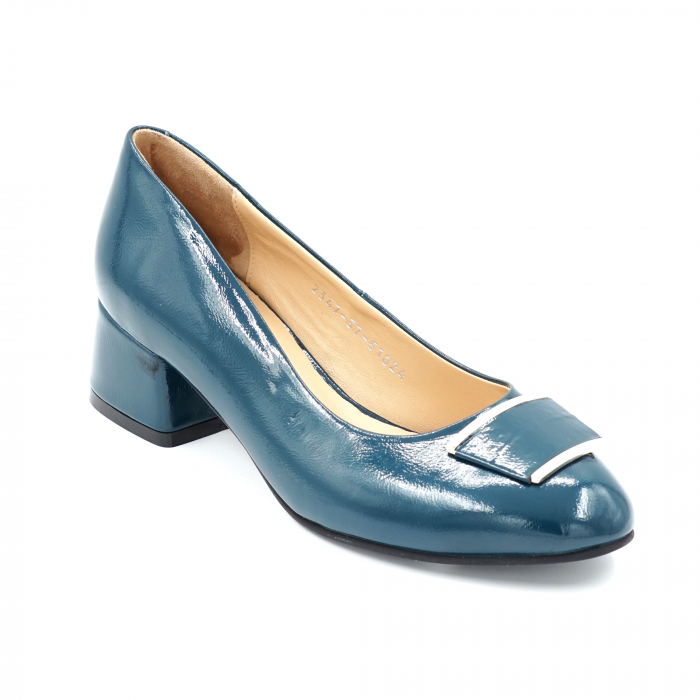 Pantofi dama din piele naturala lacuita albastru verzui cu varf rotund si toc mic gros imbracat 4 cm 51024-24 [3]