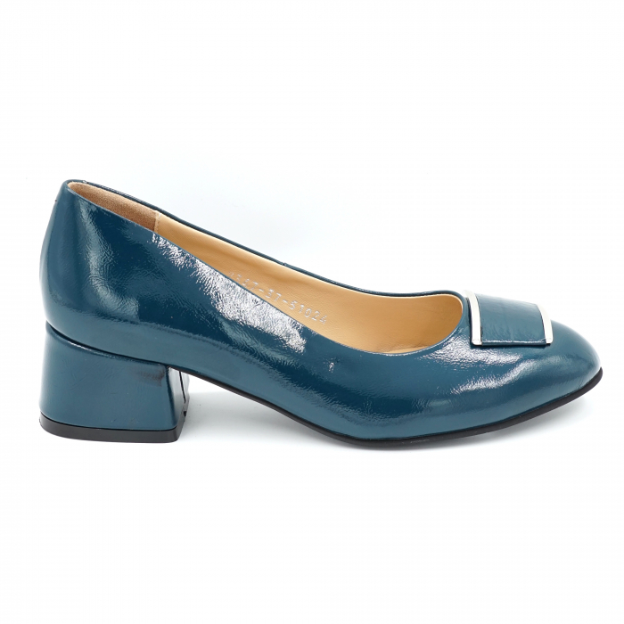 Pantofi dama din piele naturala lacuita albastru verzui cu varf rotund si toc mic gros imbracat 4 cm 51024-24 [4]